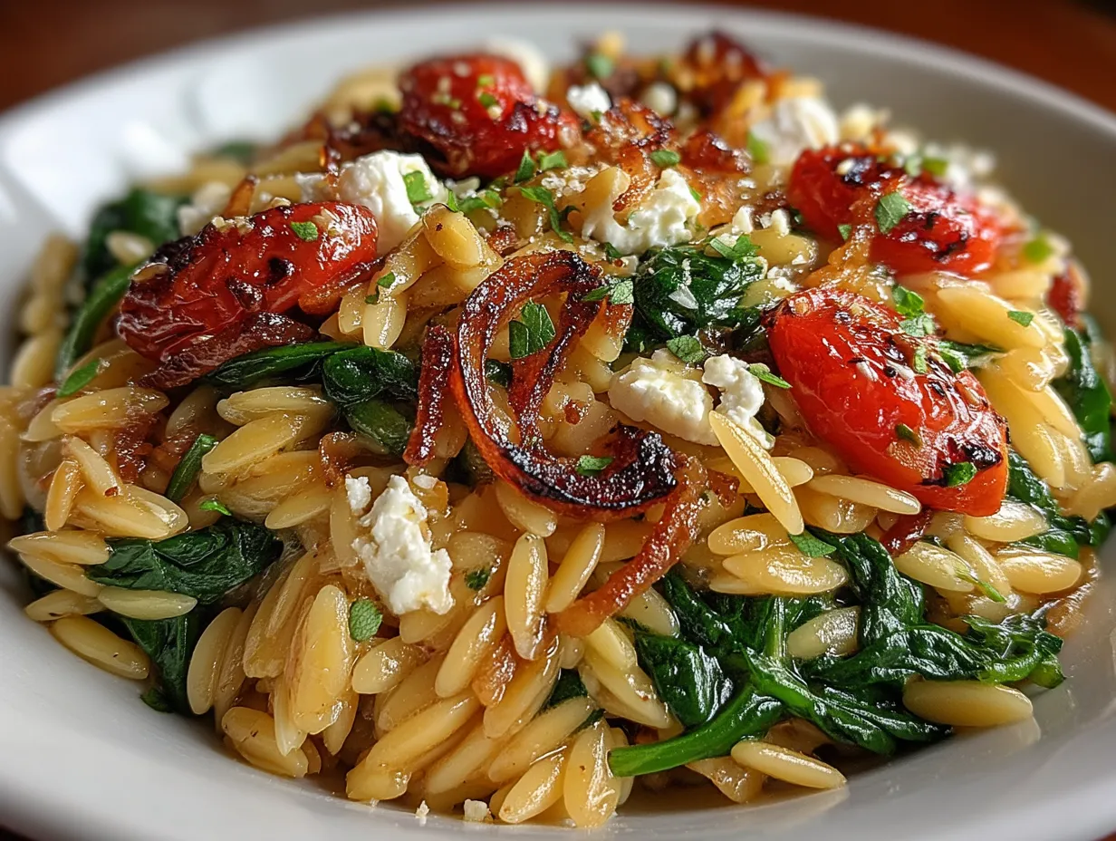 Serving of 20-minute Balsamic Orzo Salad with Spinach and Feta ready to eat
