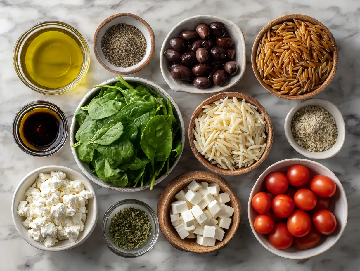 Ingredients for the 20-minute Balsamic Orzo Salad with Spinach and Feta