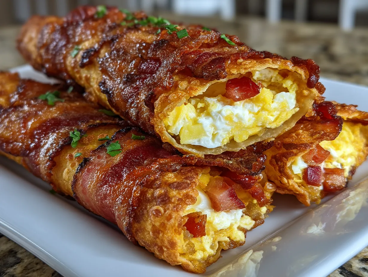 Served Air Fryer Bacon Egg Taquitos with dipping sauces on a plate