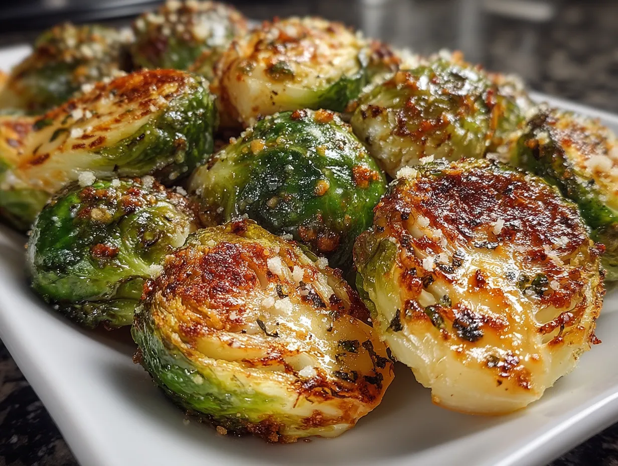 Delicious plate of crispy air fryer Brussels sprouts served as a side dish