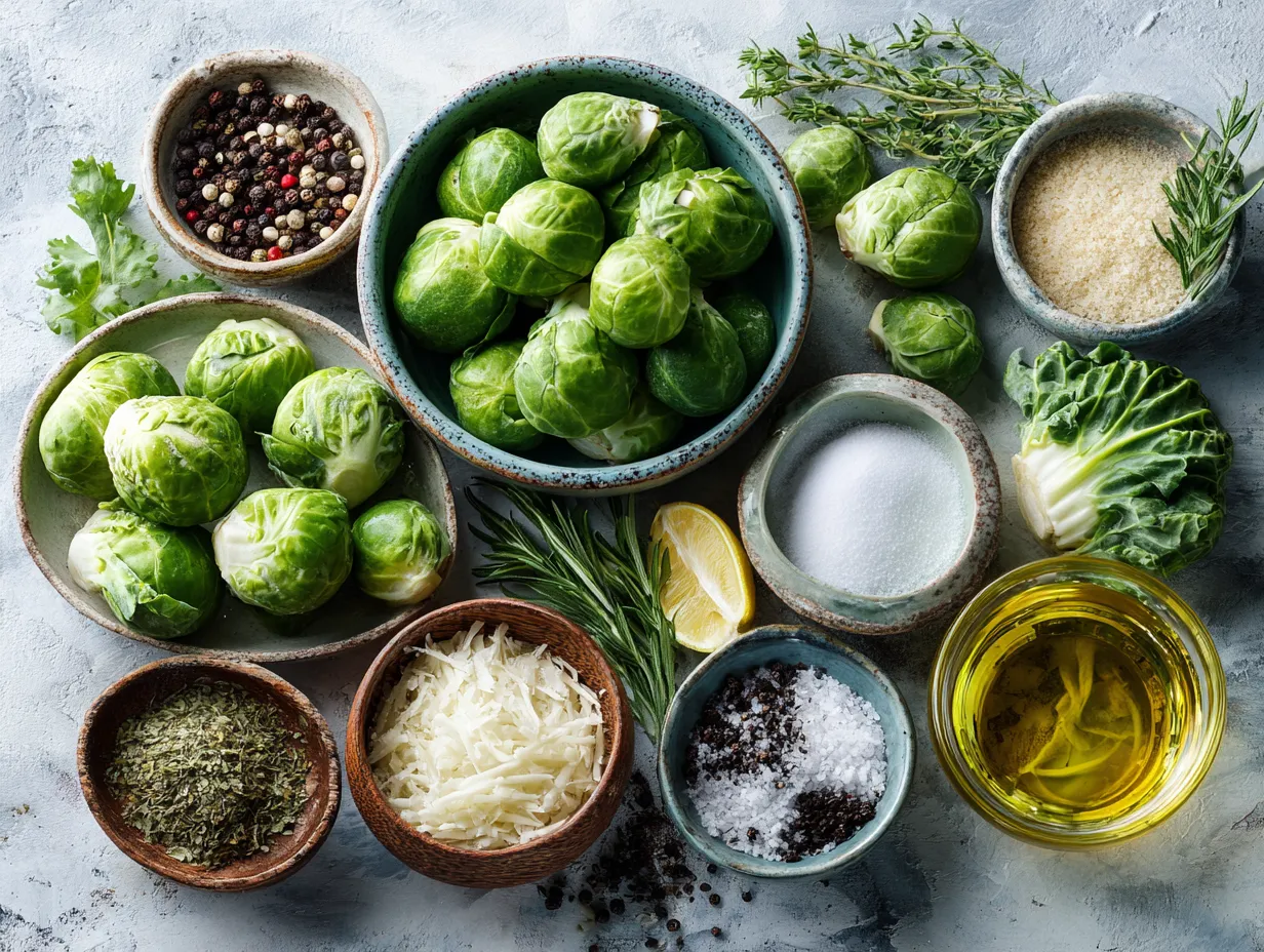 Ingredients for Air Fryer Brussels Sprouts laid out on a kitchen counter