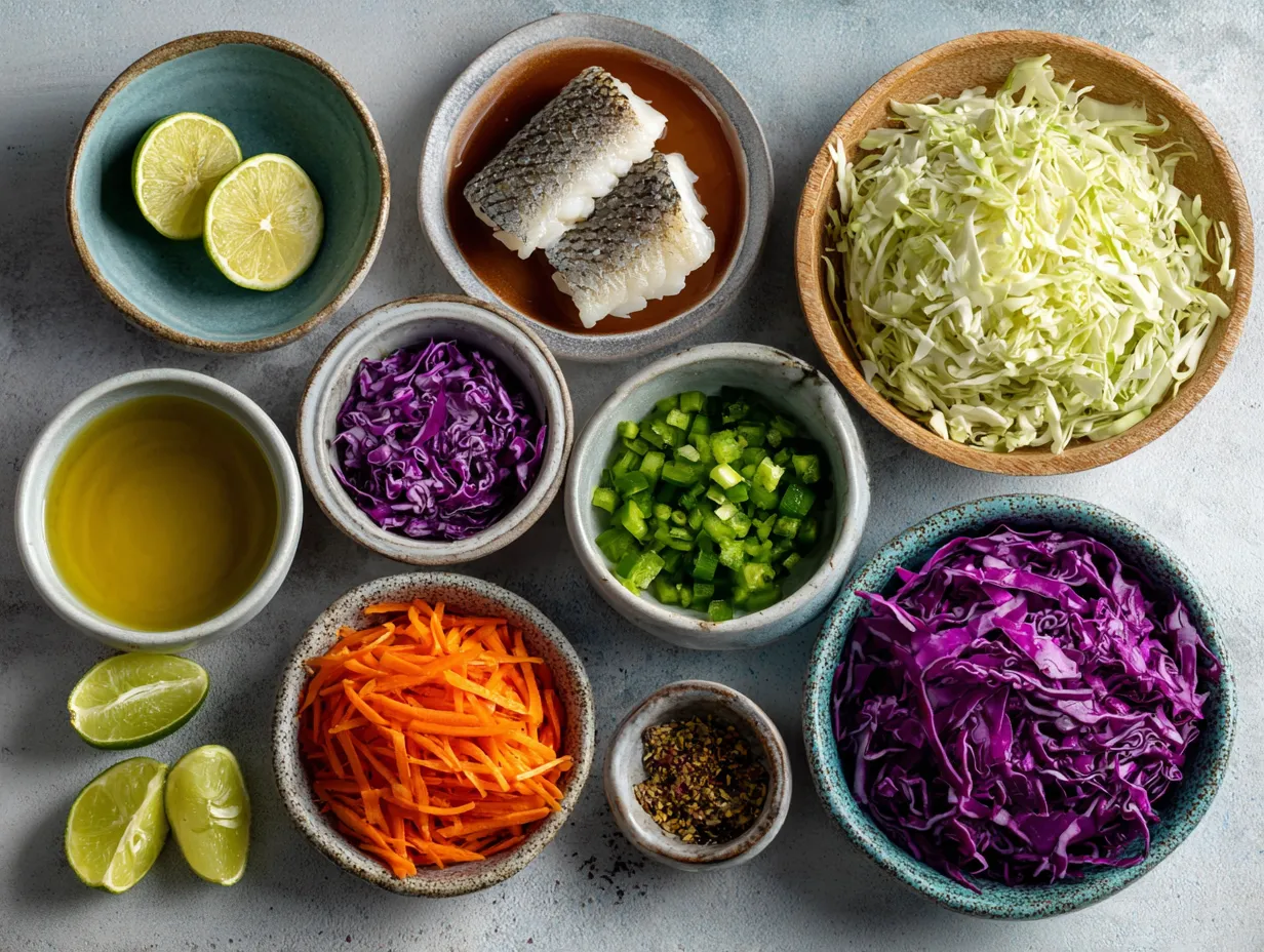 Ingredients laid out for Air Fryer Fish Taco Cabbage Slaw
