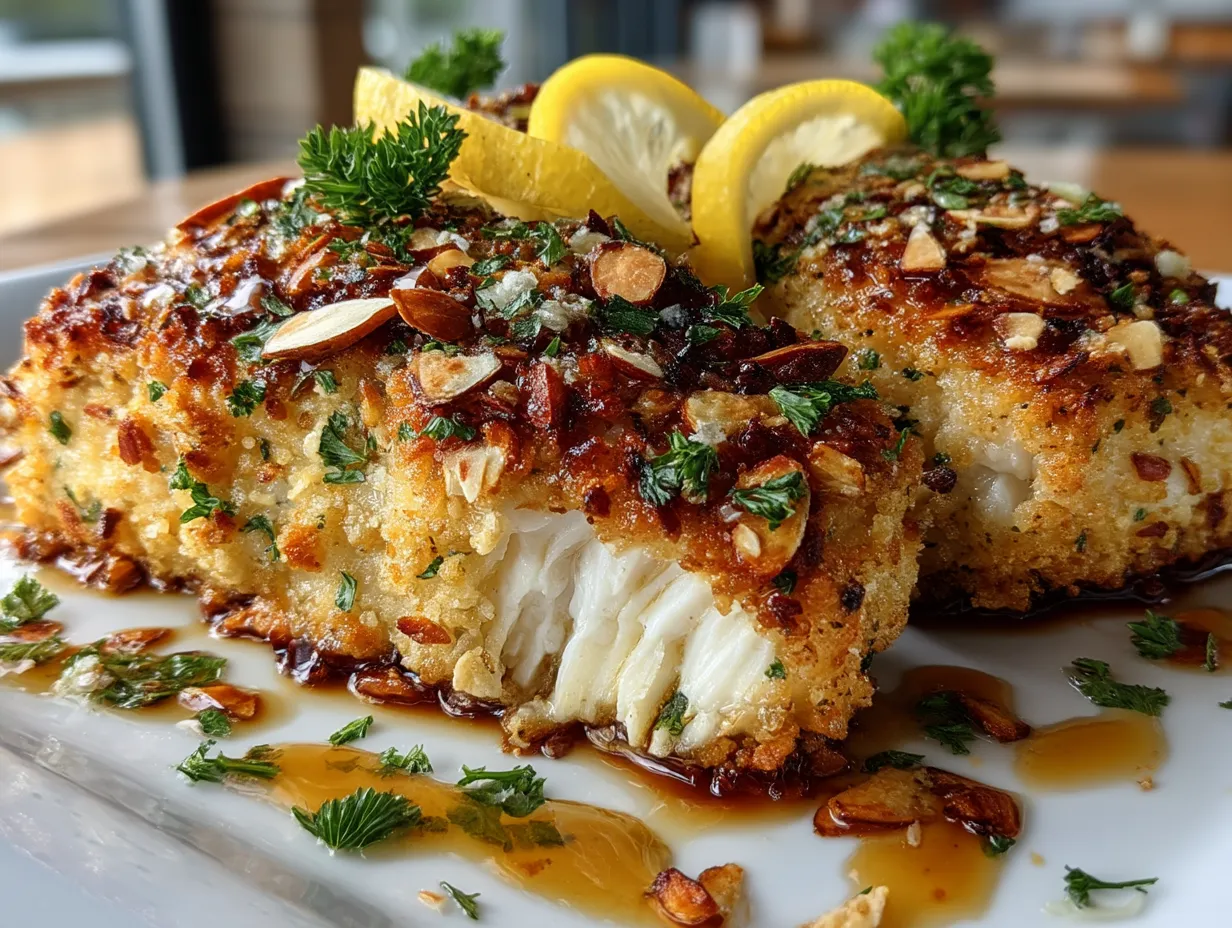 Served almond crusted baked fish fillets with lemon wedges and sides