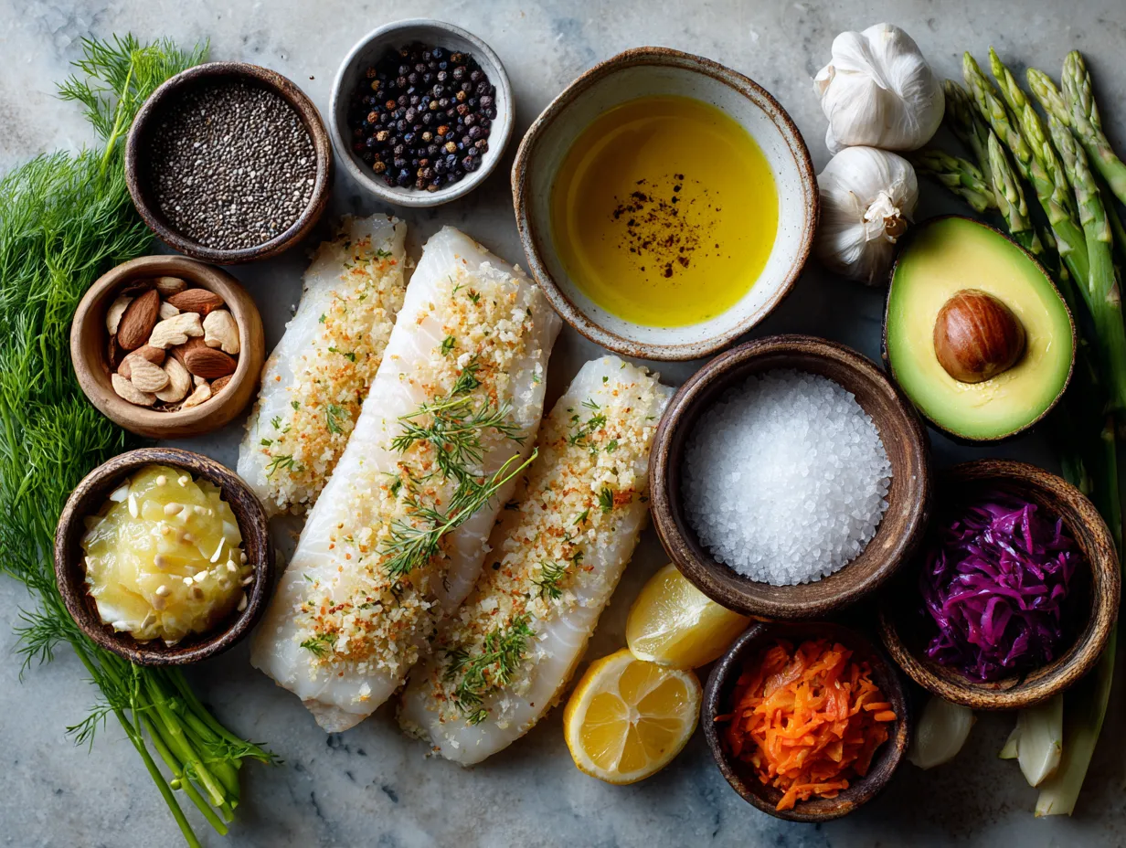 Ingredients for almond crusted baked fish fillets including fish, almonds, lemon and spices