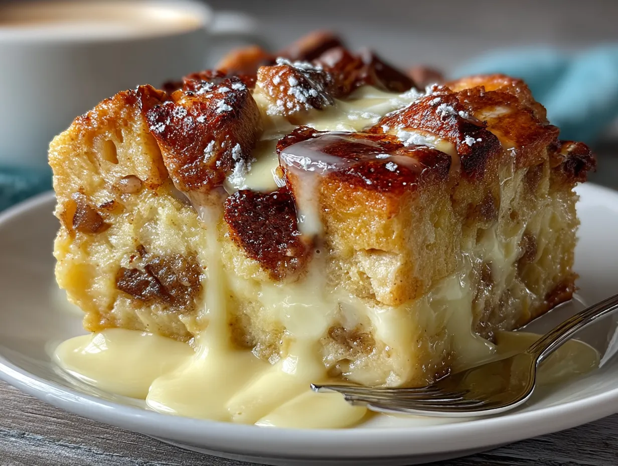 Warm Apple Pie Bread Pudding served with vanilla ice cream and chopped nuts on top