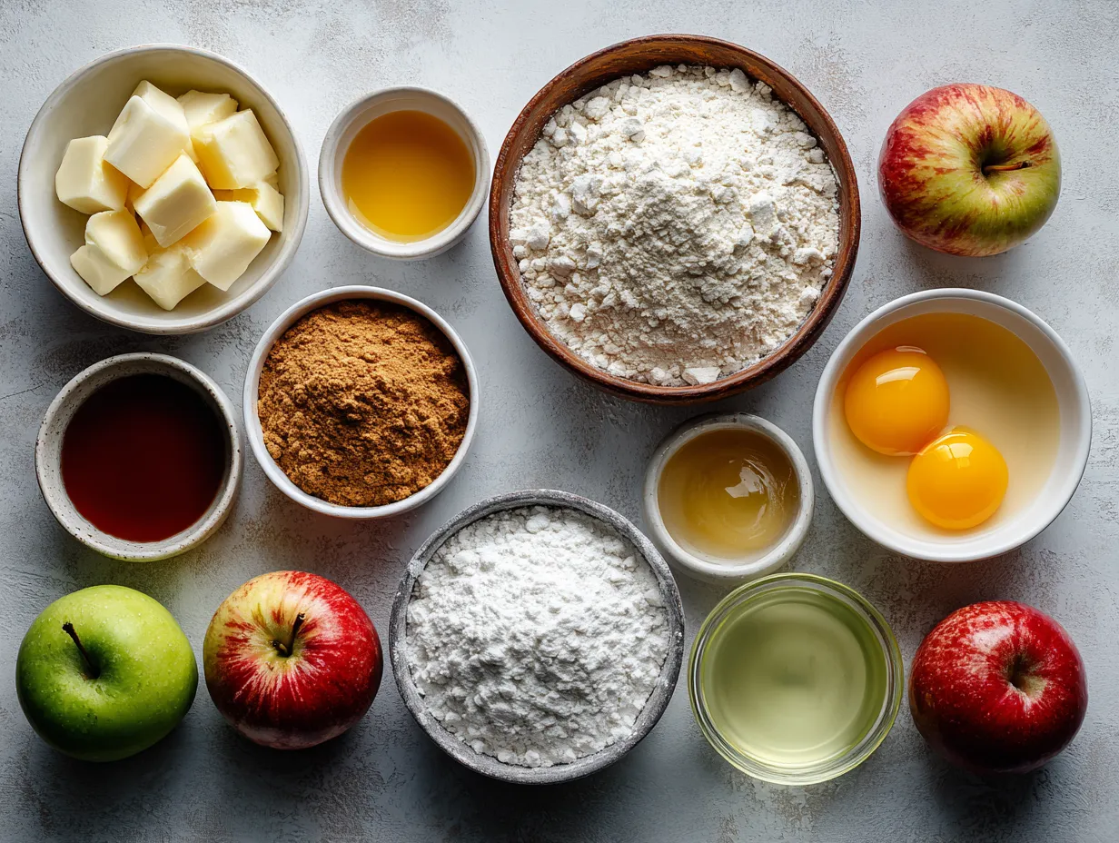 Ingredients laid out for Apple Pie Bread Pudding with rich vanilla custard including bread, apples, eggs, milk, and spices