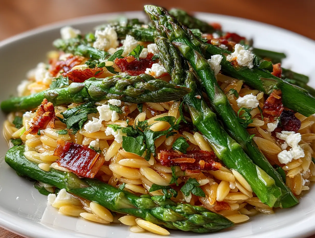 Serving suggestion of Asparagus and Orzo Salad with Feta Cheese