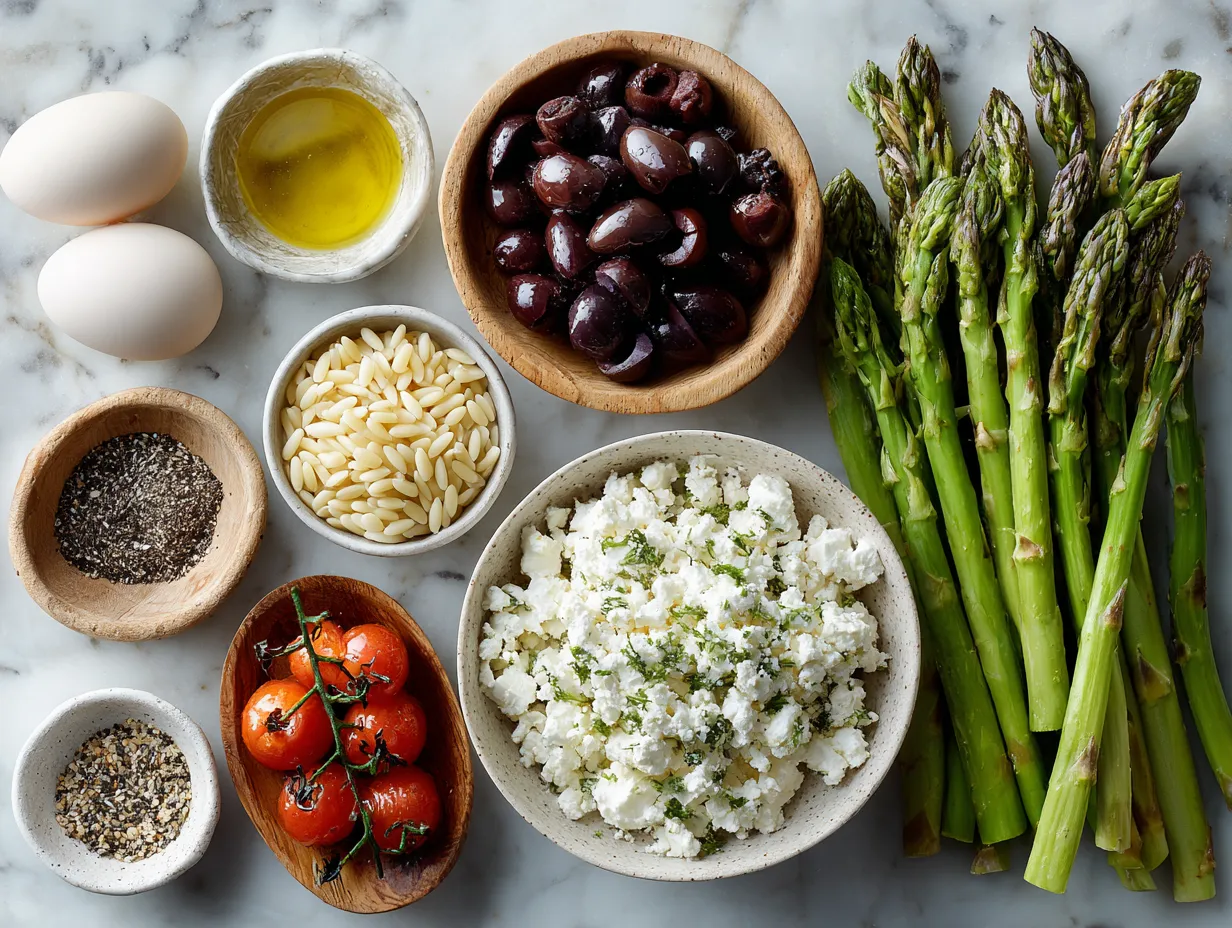 Ingredients laid out for Asparagus and Orzo Salad with Feta Cheese