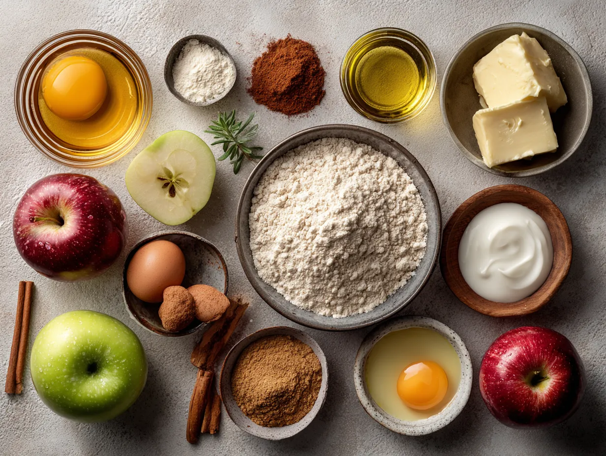 Ingredients for baked apple cider donuts laid out on a table
