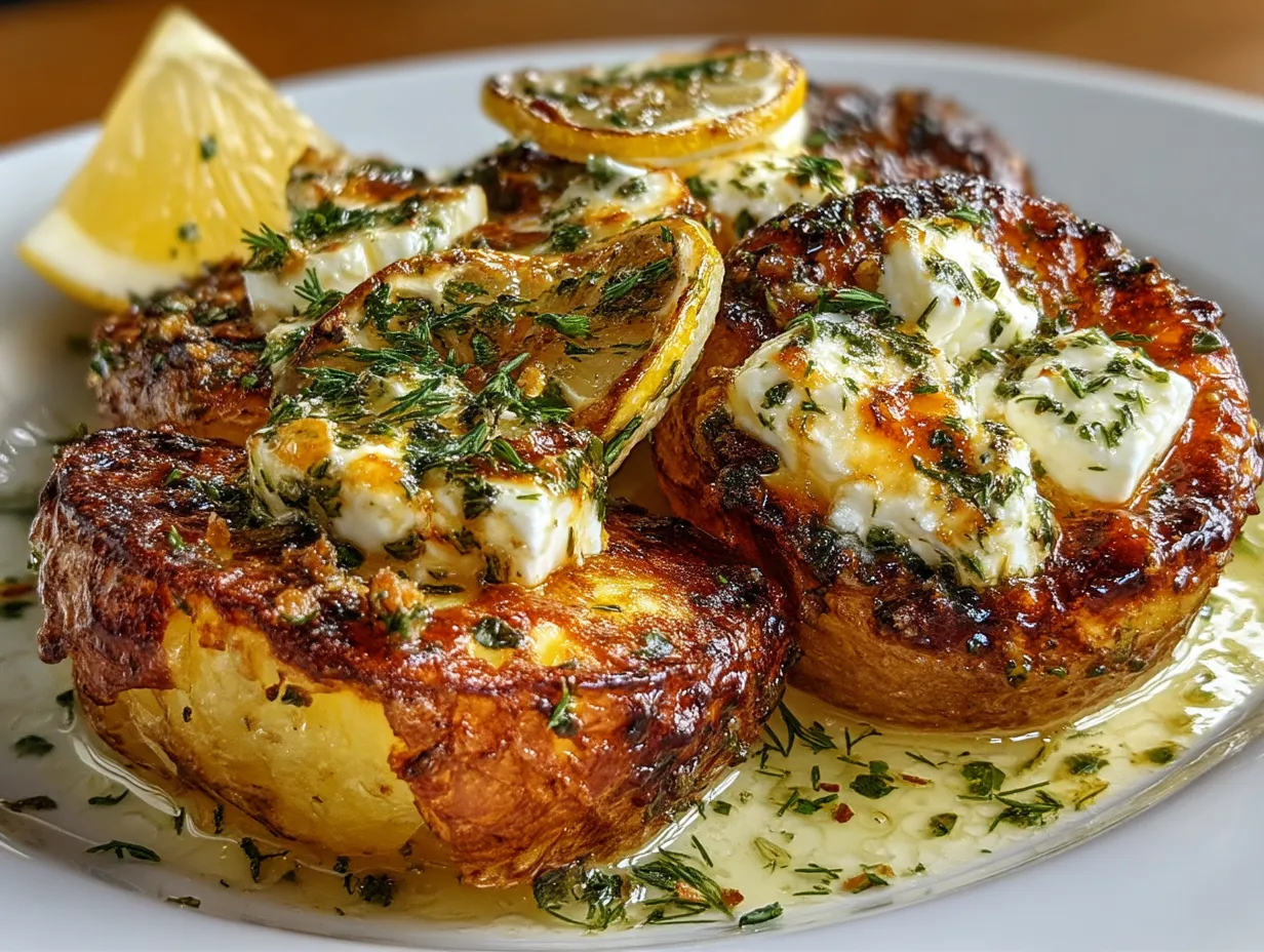 Serving Baked Feta Potatoes with Zesty Lemon with a fresh Mediterranean meal