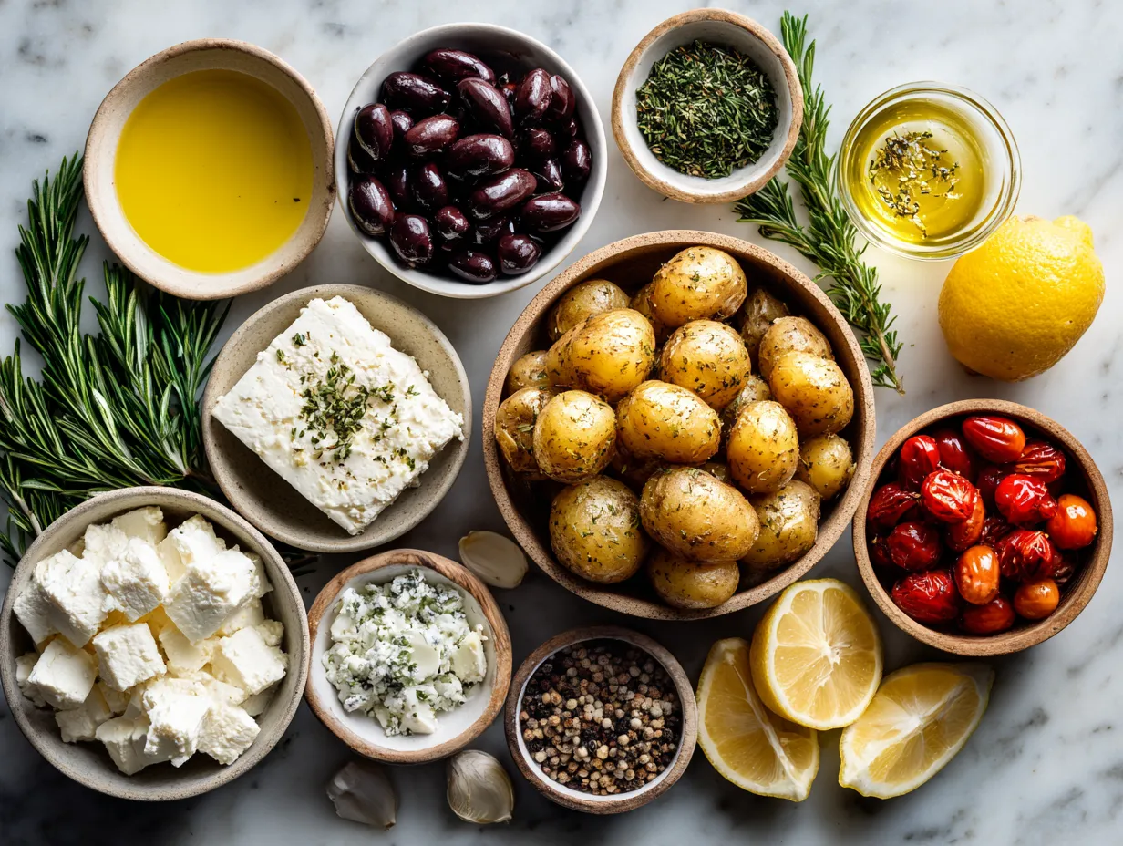 Ingredients for Baked Feta Potatoes with Zesty Lemon: Yukon Gold potatoes, feta cheese, lemon, olive oil, garlic, oregano, paprika, parsley