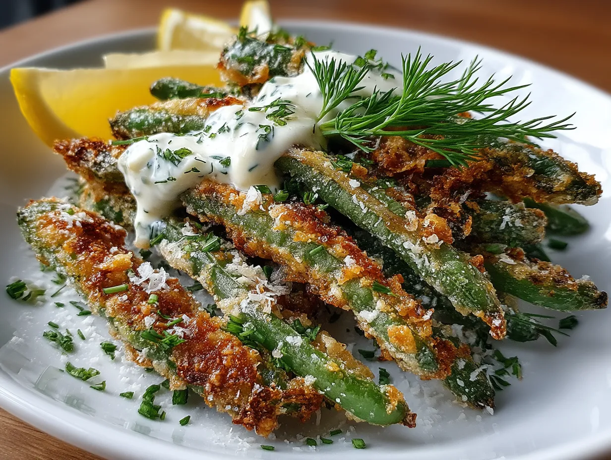 Serving Baked Green Bean Fries with Garlic Aioli