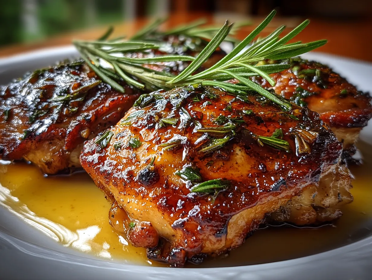Serving baked low sodium balsamic chicken thighs with rosemary