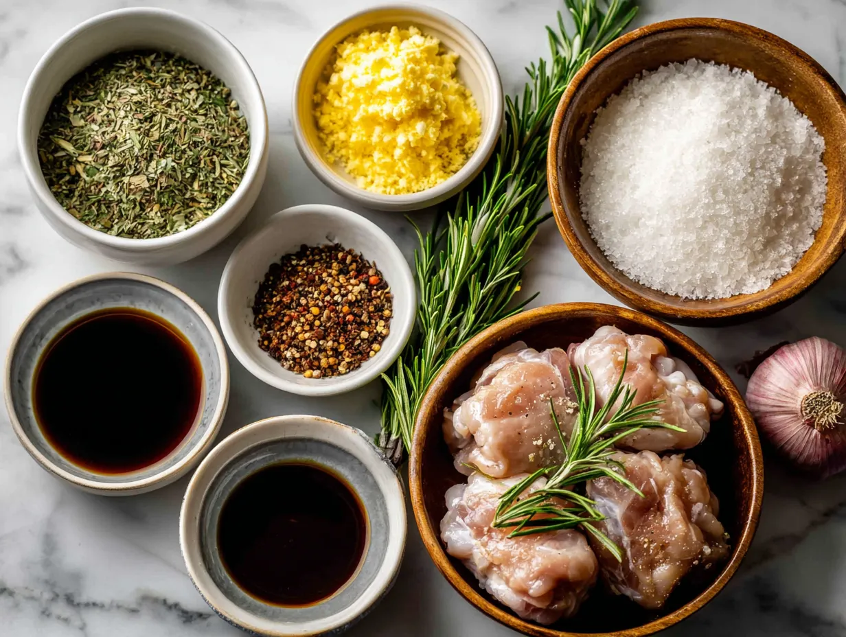 Ingredients for baked low sodium balsamic chicken thighs with rosemary