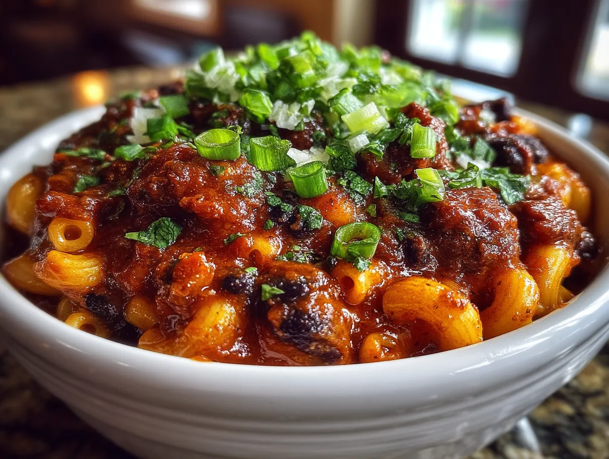 Serving of Beef Black Bean Chili Mac in a bowl with fresh toppings