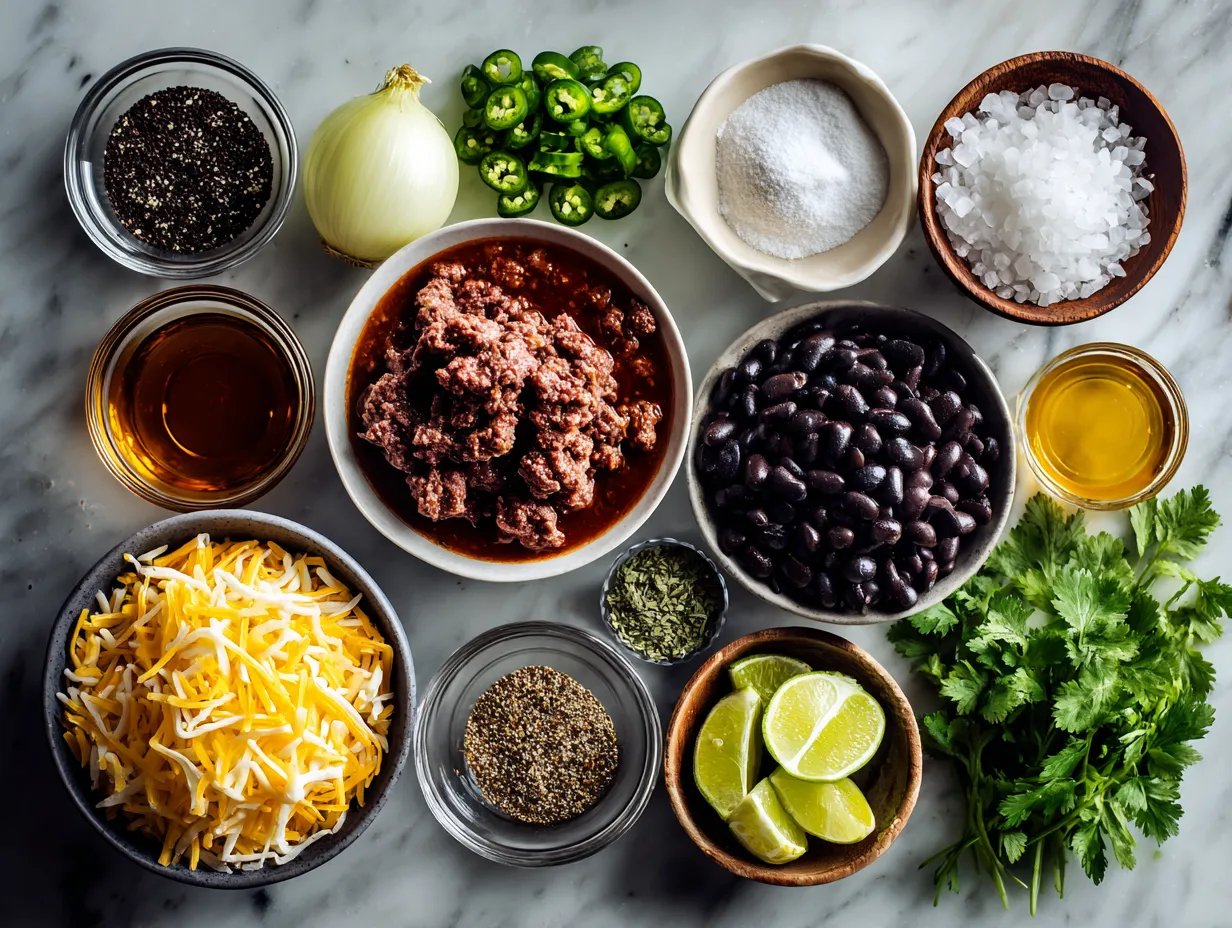Ingredients for making Beef Black Bean Chili Mac on kitchen counter