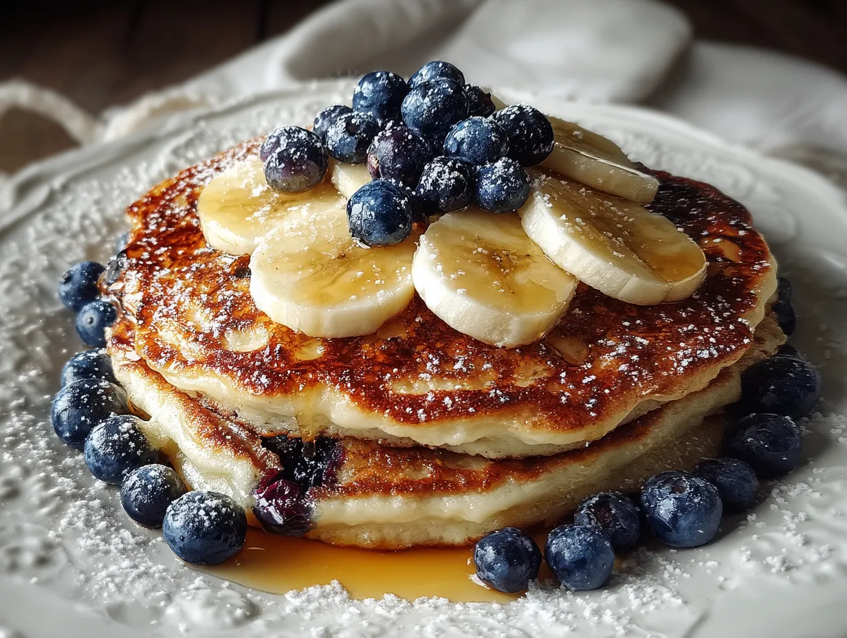 Serving Blueberry Banana Protein Pancakes with toppings