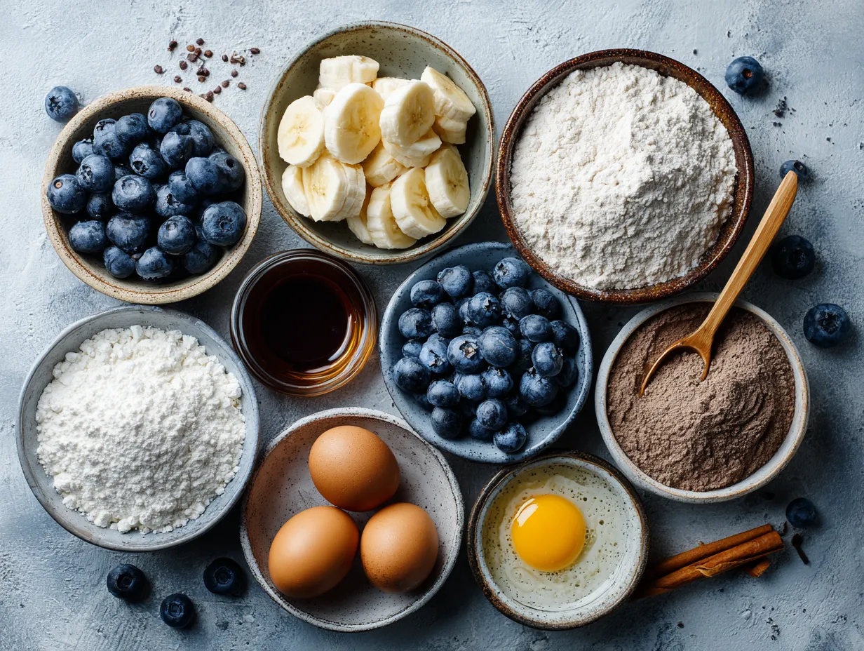 Ingredients for Blueberry Banana Protein Pancakes