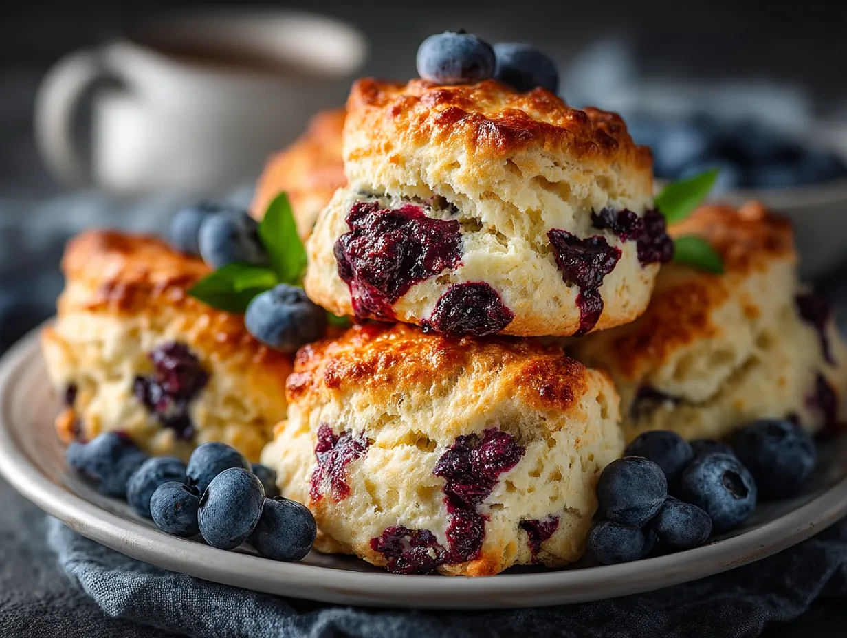 Plate of freshly baked blueberry scones served with butter and a cup of tea