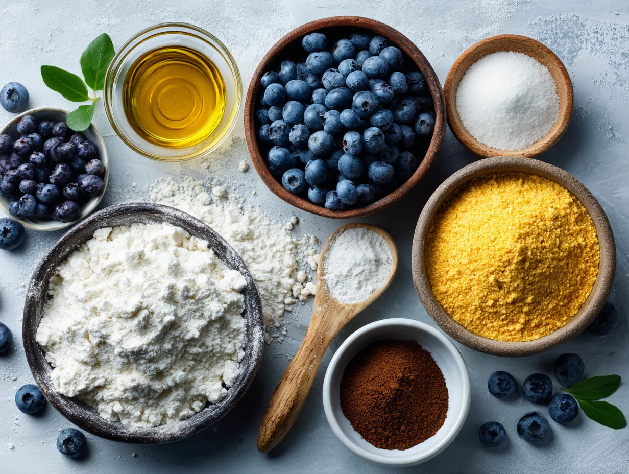 Ingredients for making blueberry scones laid out on a kitchen counter