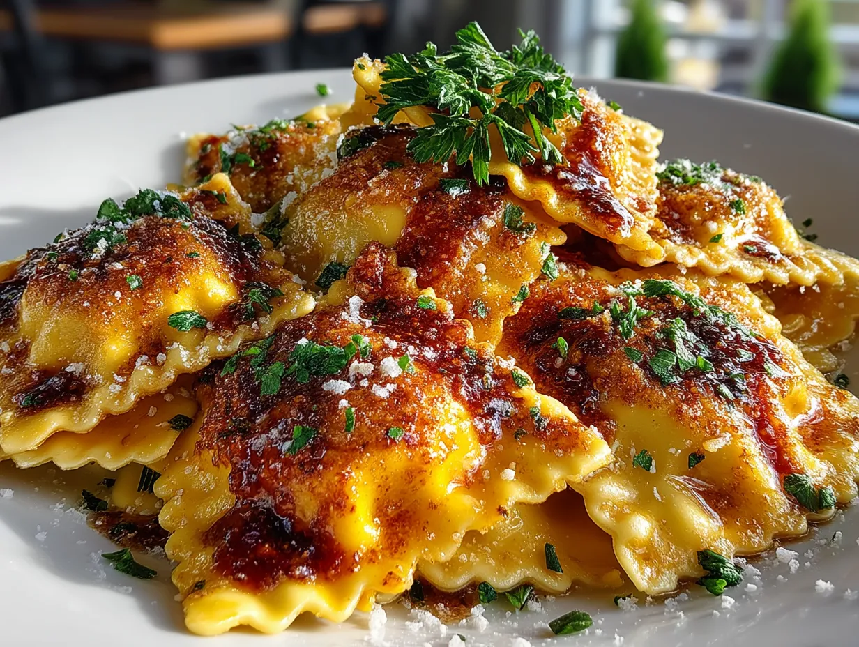 Serving Butternut Squash Pasta Ravioli plated with sage and Parmesan garnish