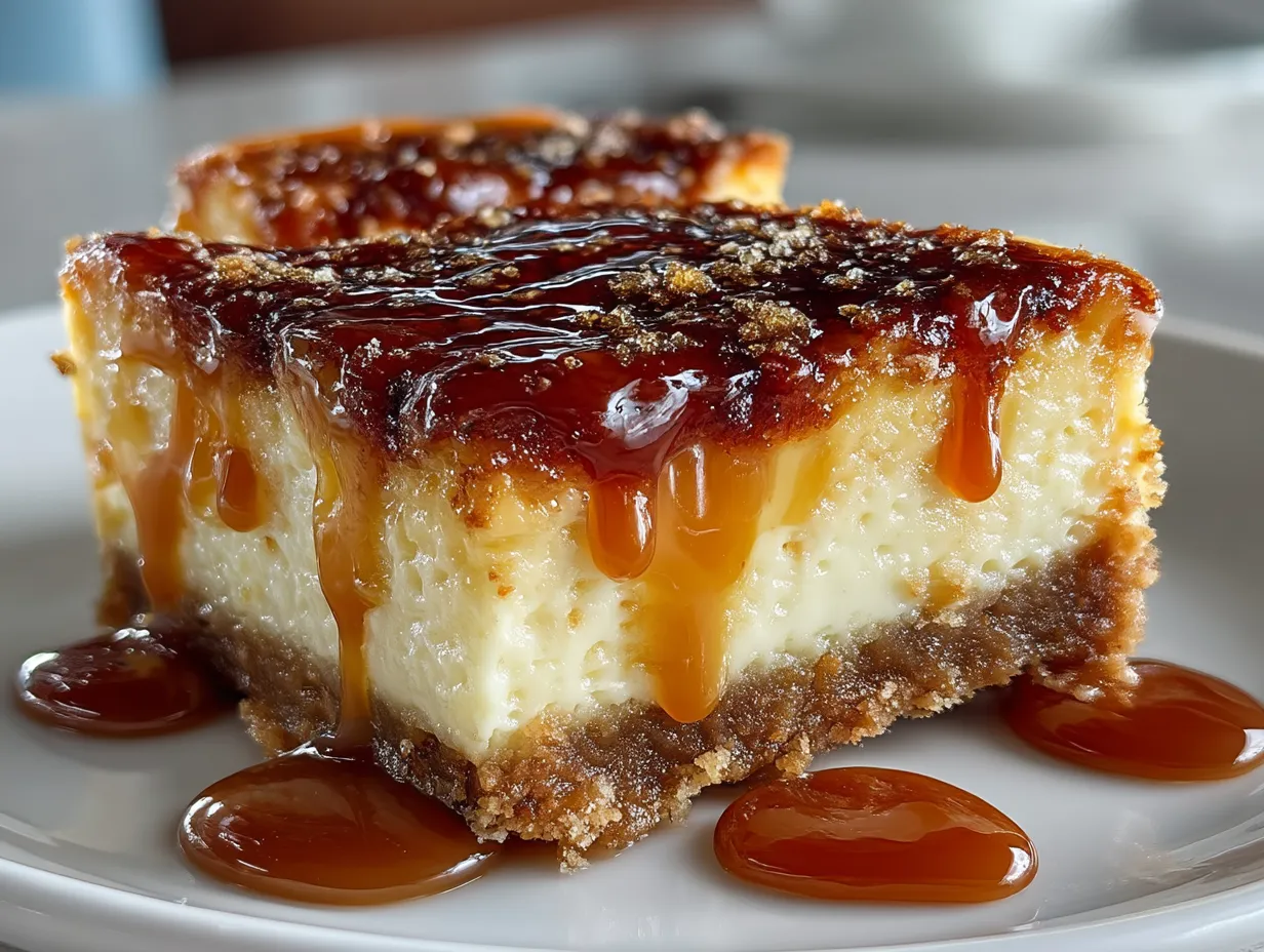 Caramel Apple Cheesecake Bars served on a decorative plate with caramel drizzle