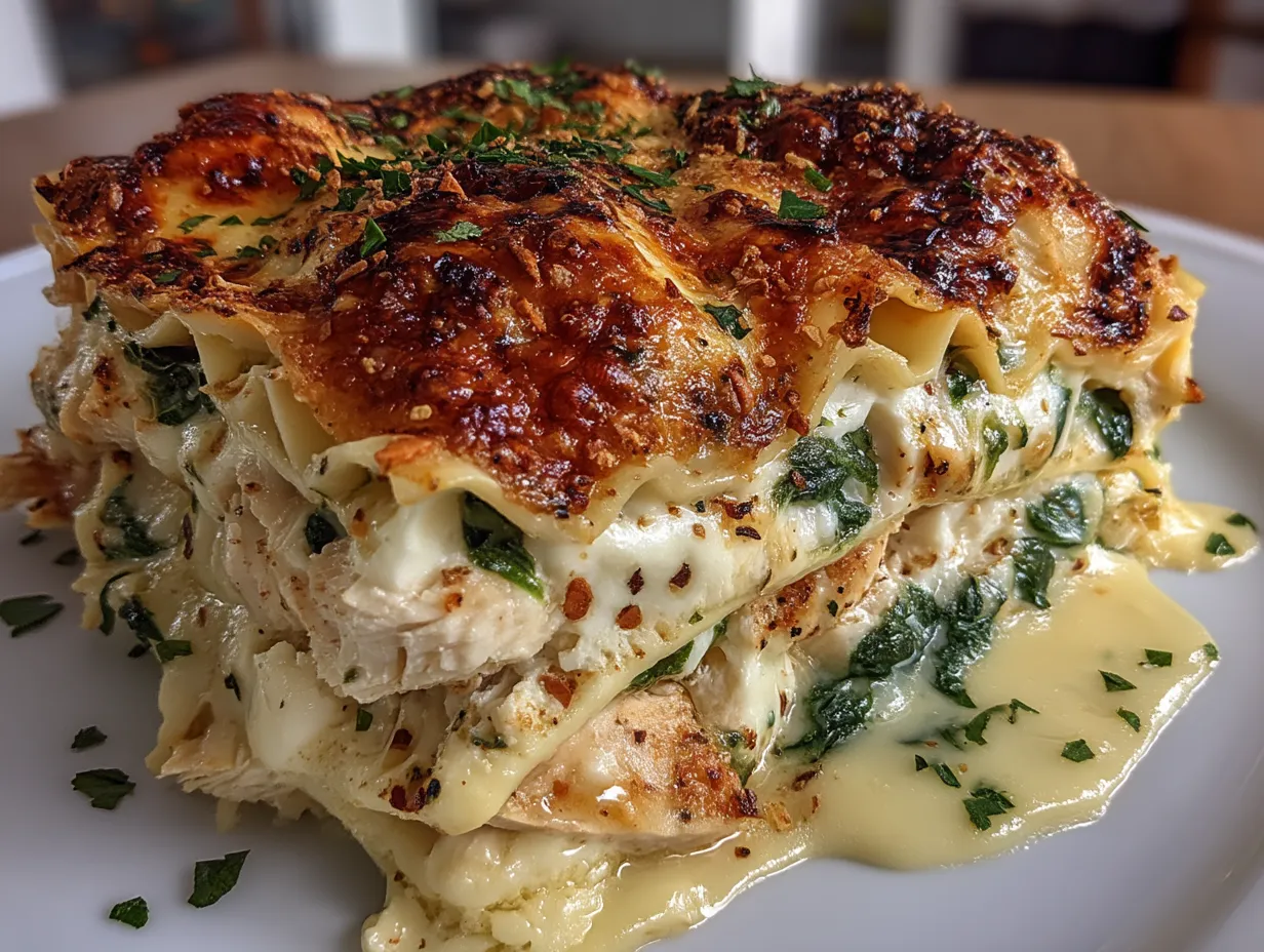 Baked Chicken Alfredo Lasagna with Spinach and Garlic served on a plate