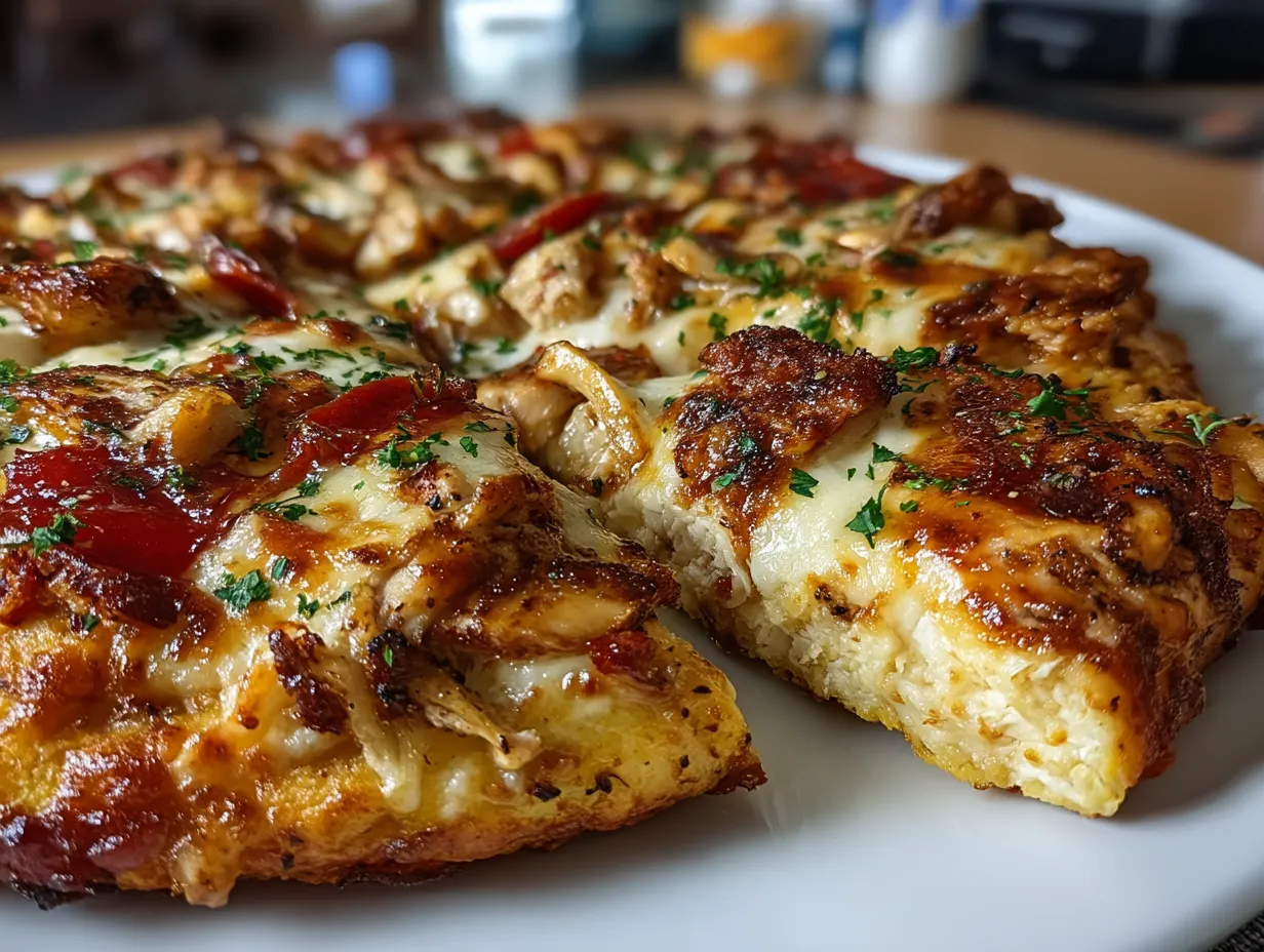 Served Chicken Crust Pizza with salad and sides on a rustic table