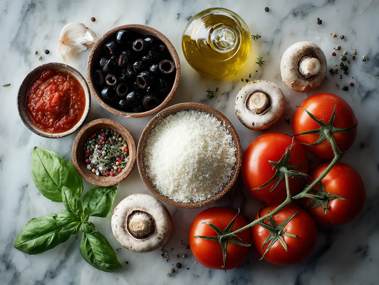Ingredients for Chicken Crust Pizza laid out on a kitchen counter
