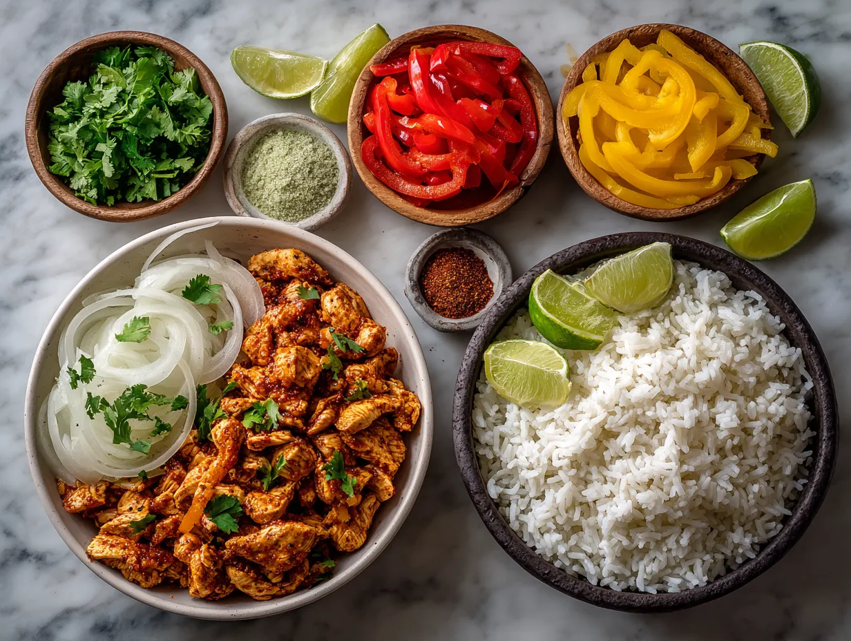 Ingredients laid out for Chicken Fajita Bowl with zesty Cilantro Lime Rice