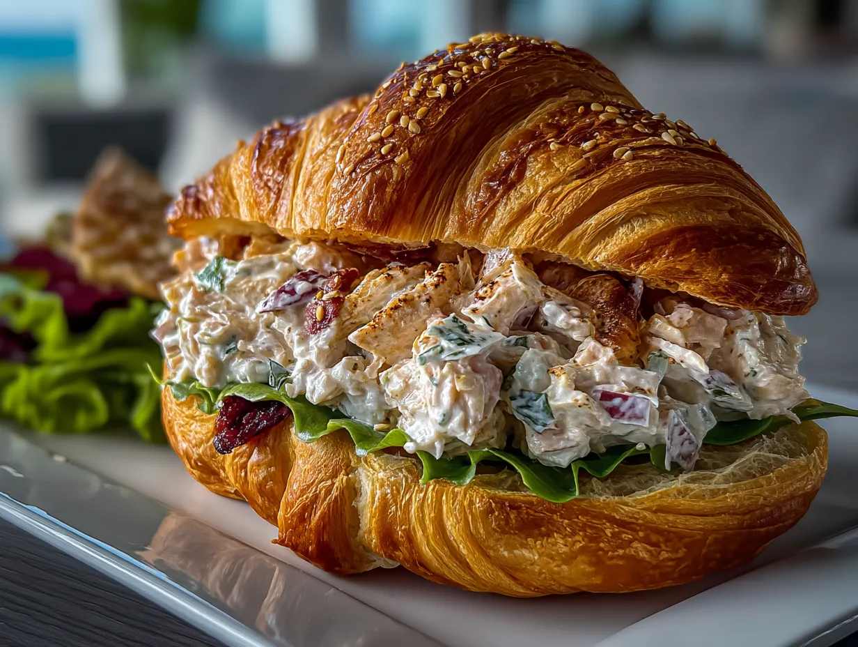 Plated Chicken Salad Croissant Sandwich with fresh veggies and fruit sides