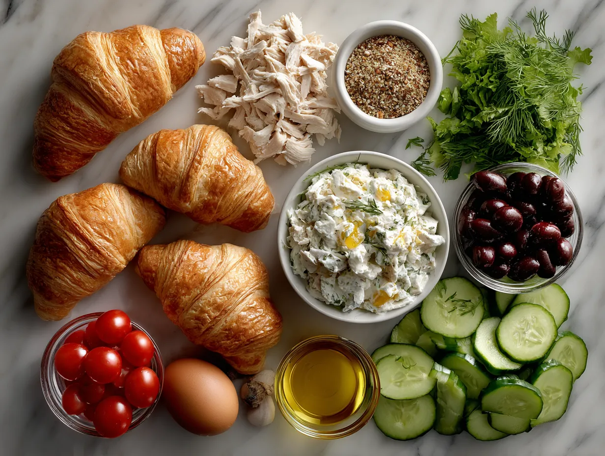 Ingredients laid out for Chicken Salad Croissant Sandwich including chicken, celery, grapes, nuts, and croissants