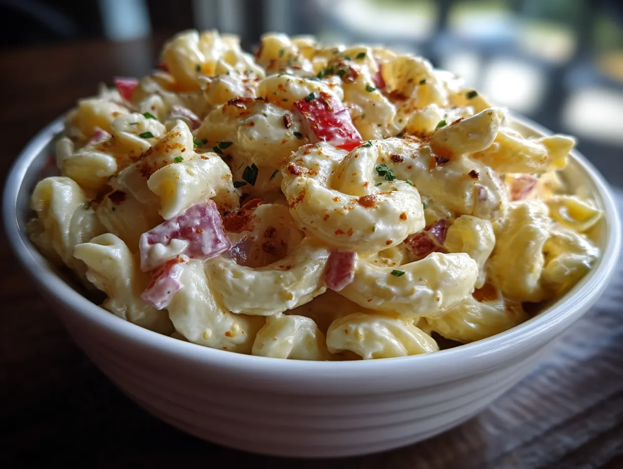 Classic Southern Macaroni Salad served in a bowl ready to eat