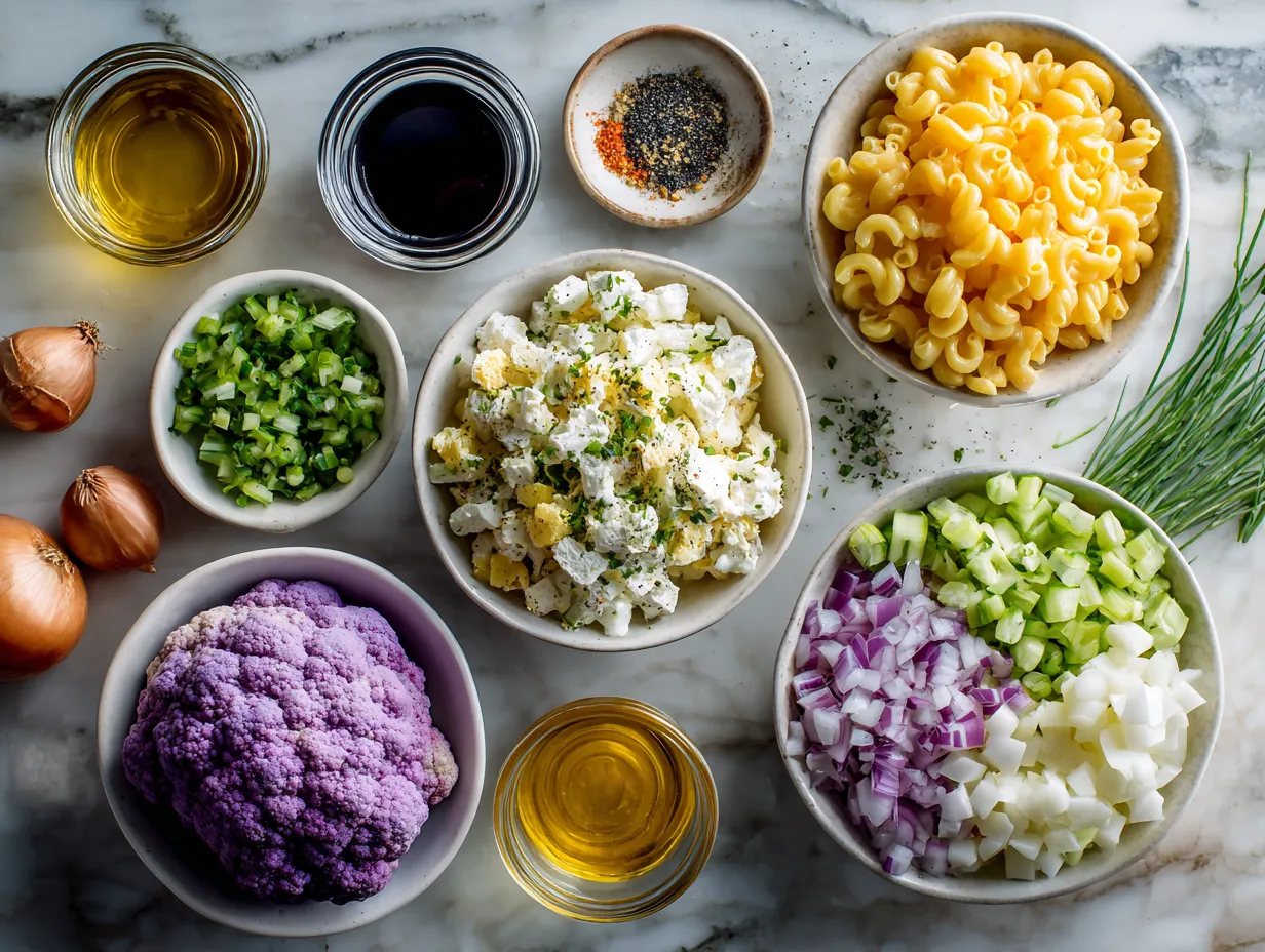 Ingredients laid out for Classic Southern Macaroni Salad