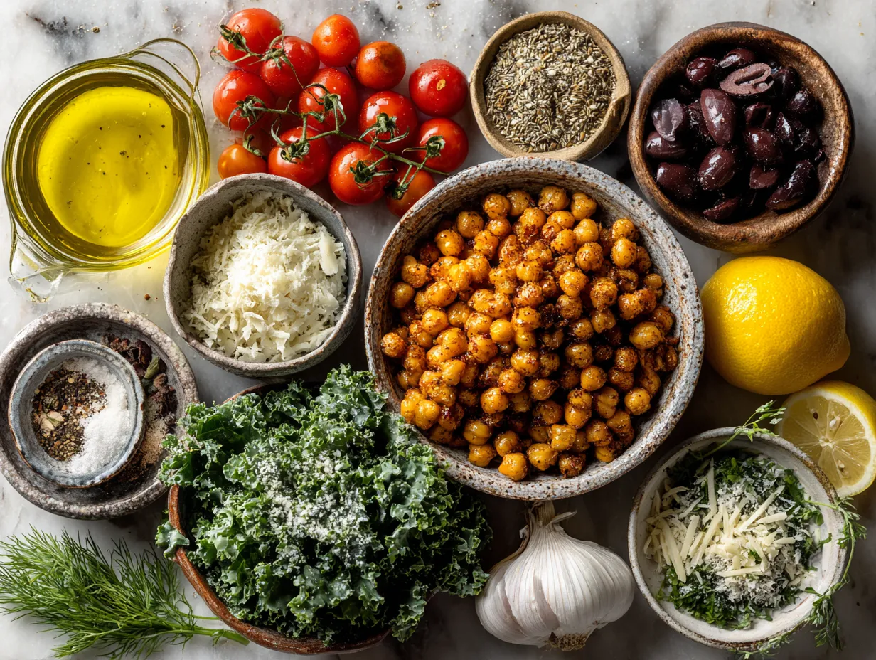 Ingredients for Crispy Roasted Chickpea and Kale Salad Bowl laid out on a kitchen countertop