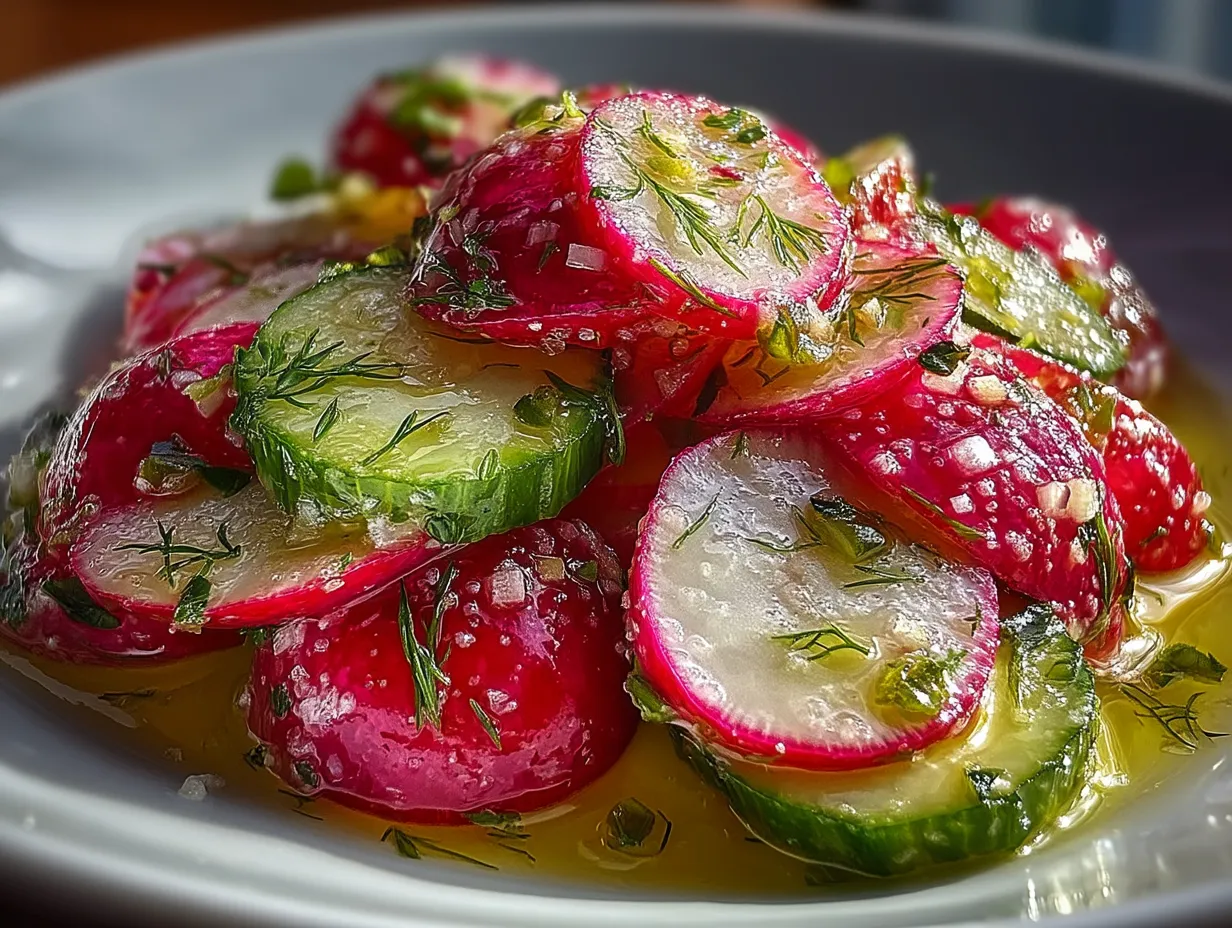 Cucumber Radish Salad with Dill Vinaigrette served in a glass bowl