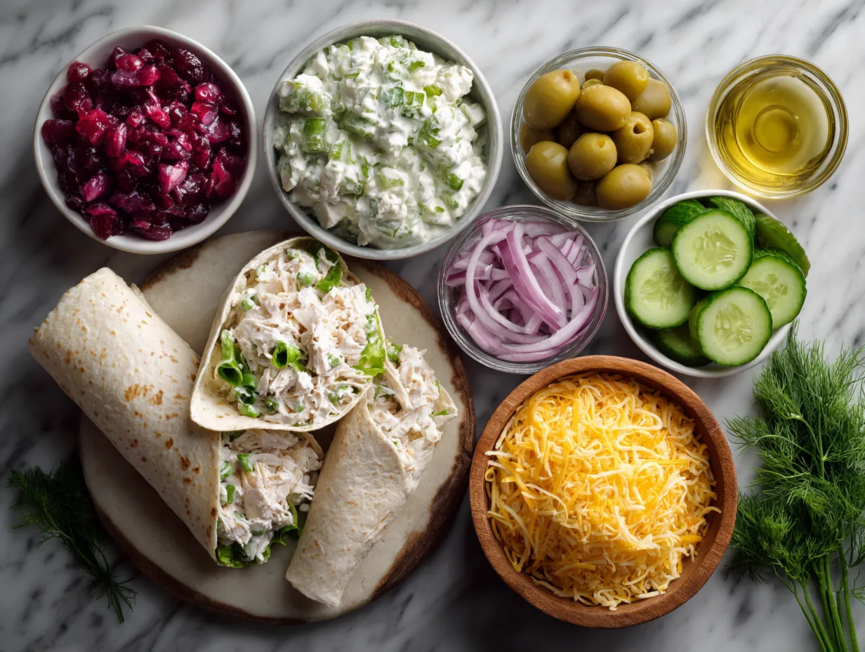 Ingredients for Dill Pickle Chicken Salad Wrap with Cheddar