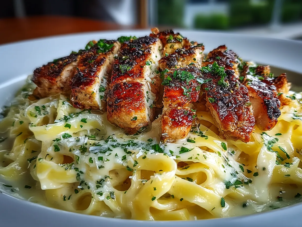 Plated fettuccine Alfredo with grilled chicken garnished with parsley on a white dish