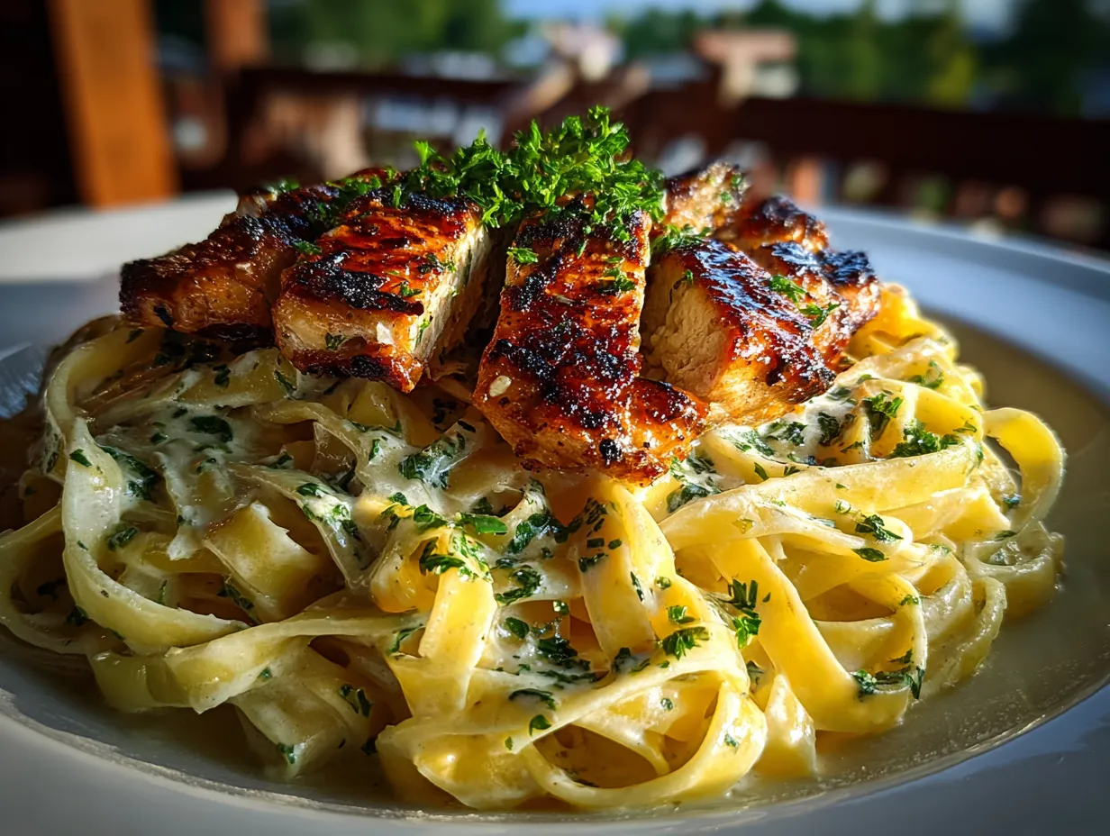 fettuccine Alfredo with grilled chicken