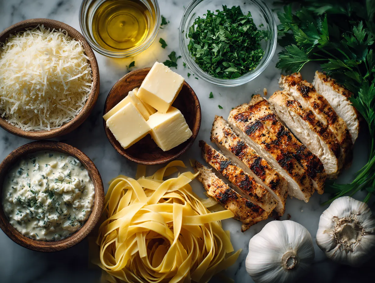 Ingredients for fettuccine Alfredo with grilled chicken laid out on a kitchen counter