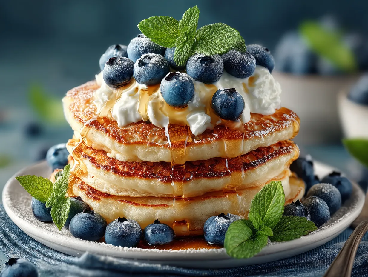 Stack of fluffy blueberry Greek yogurt pancakes served with fresh berries and syrup