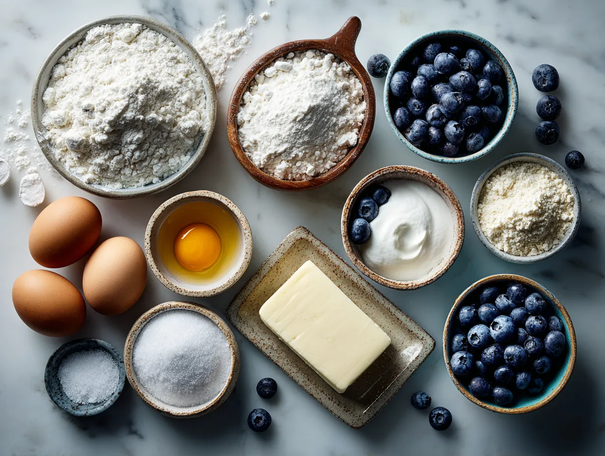 Ingredients for fluffy blueberry Greek yogurt pancakes including flour, Greek yogurt, eggs, milk, vanilla, and blueberries