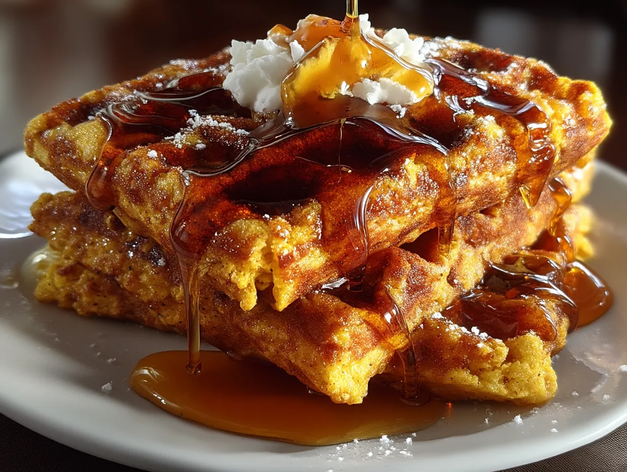 Serving fluffy pumpkin spice waffles drizzled with rich maple syrup