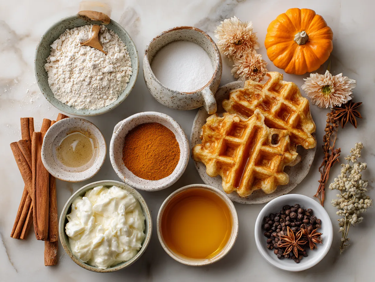 Ingredients for fluffy pumpkin spice waffles drizzled with rich maple syrup