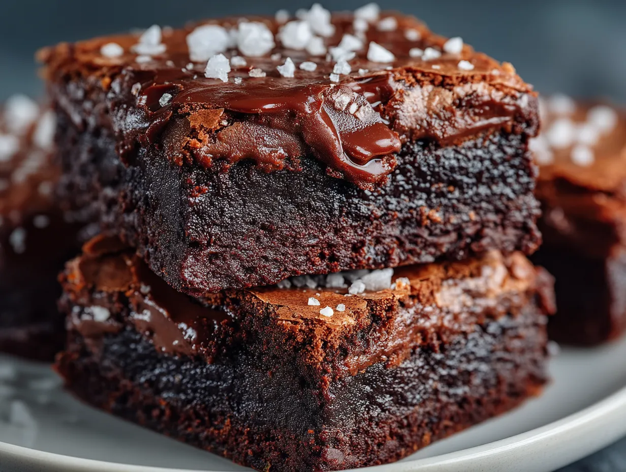 Fudgy dark chocolate brownies with sea salt flakes ready to serve