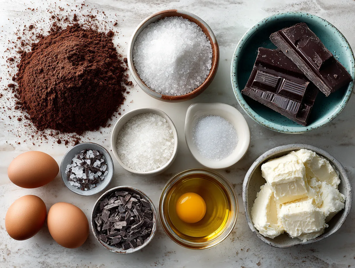 Ingredients for fudgy dark chocolate brownies with sea salt flakes