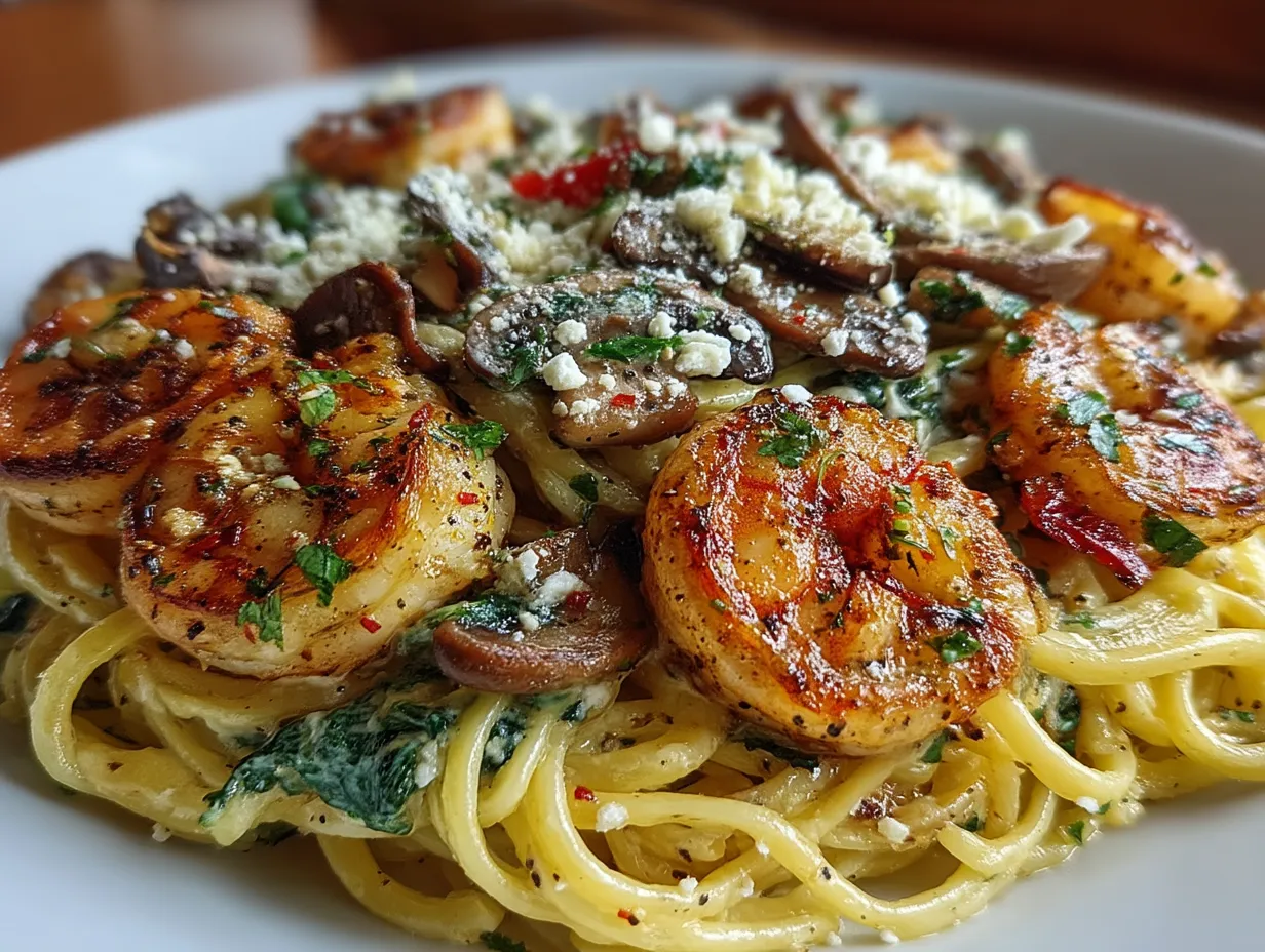 Served bowl of Garlic Butter Shrimp Mushroom Pasta garnished with parsley and Parmesan cheese.