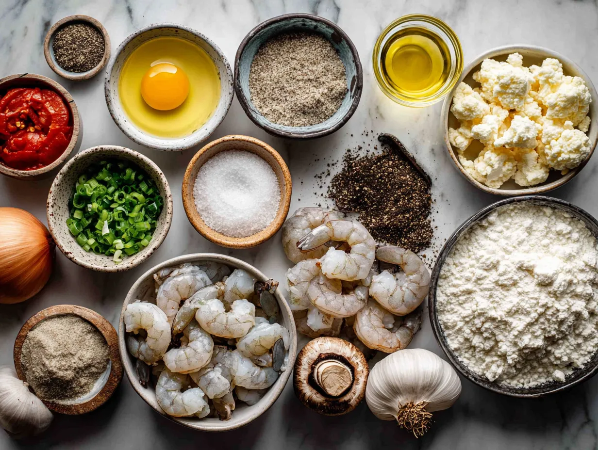 Ingredients laid out for Garlic Butter Shrimp Mushroom Pasta including shrimp, mushrooms, pasta, garlic, butter, cream, and Parmesan cheese.