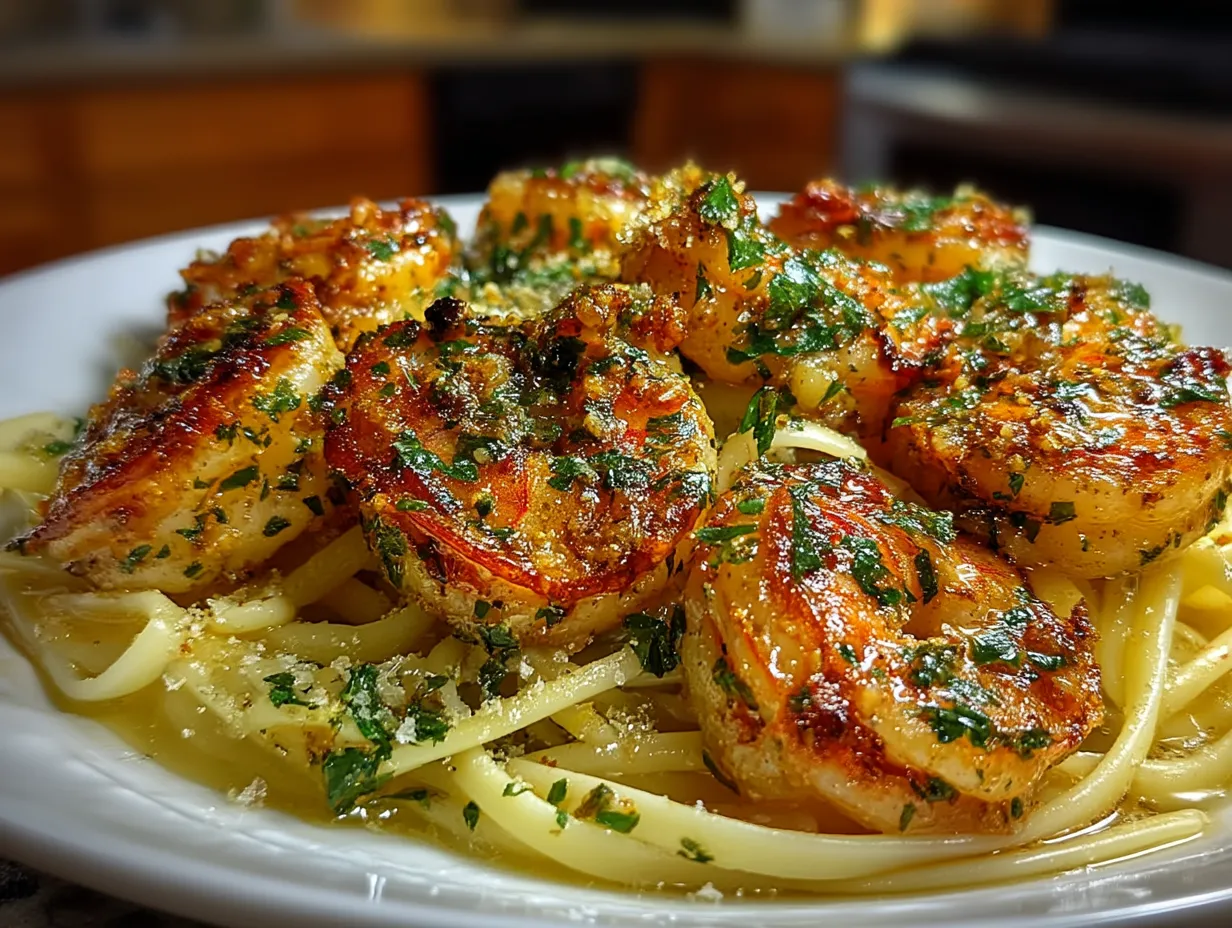 Served Garlic Butter Shrimp Scampi with Linguine Pasta