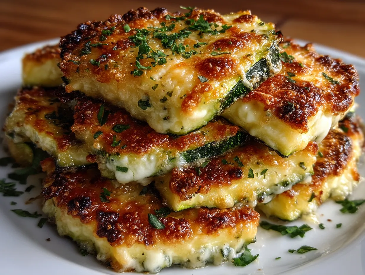 Serving Garlic Parmesan Baked Zucchini Slices garnished with herbs